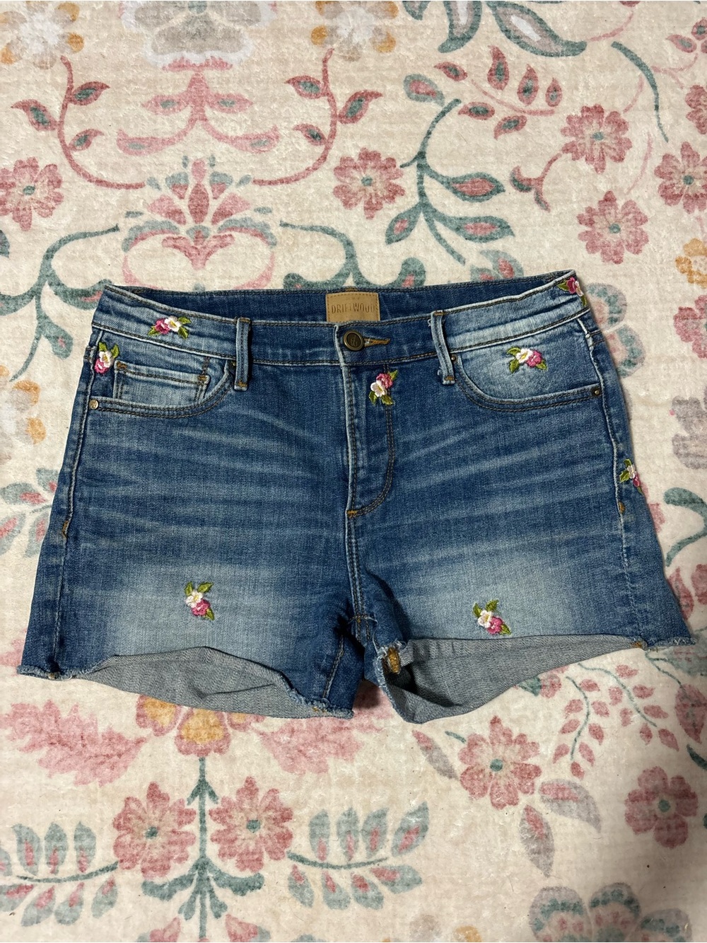 DRIFTWOOD Medium Blue Floral Embroidered Denim Shorts